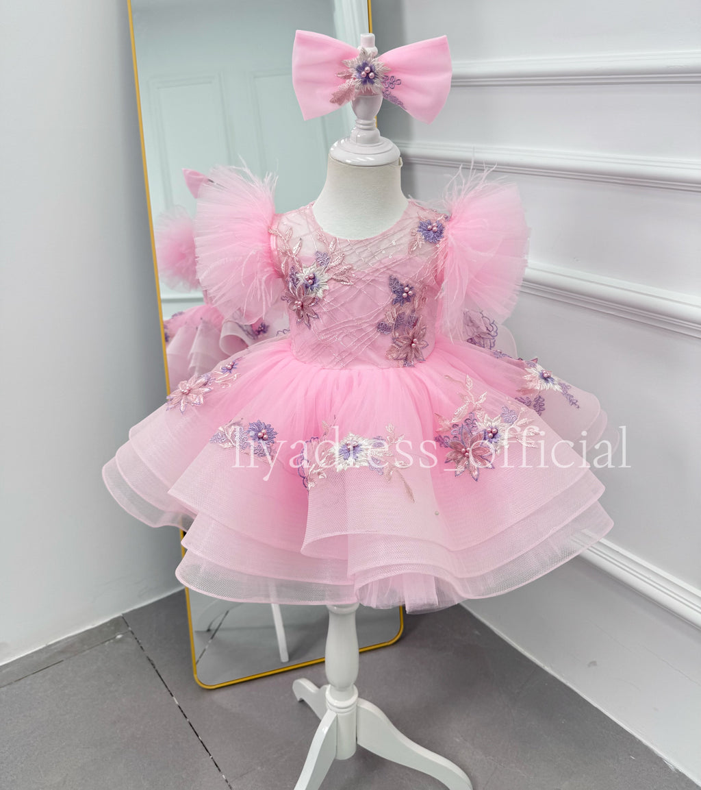 Girls Embroidered Flower Princess Dress Feather Sleeve Party Dress | KLFFIGID