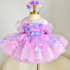 Girls Pink Tulle Princess Dress with 3D Floral Appliqués｜KLFFLGID