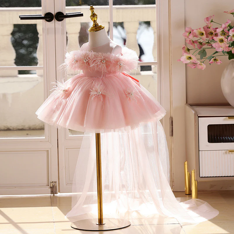 KLFFLGID Romantic Off-Shoulder Train Dress Ivory | Wedding Ceremony (0-12Y)