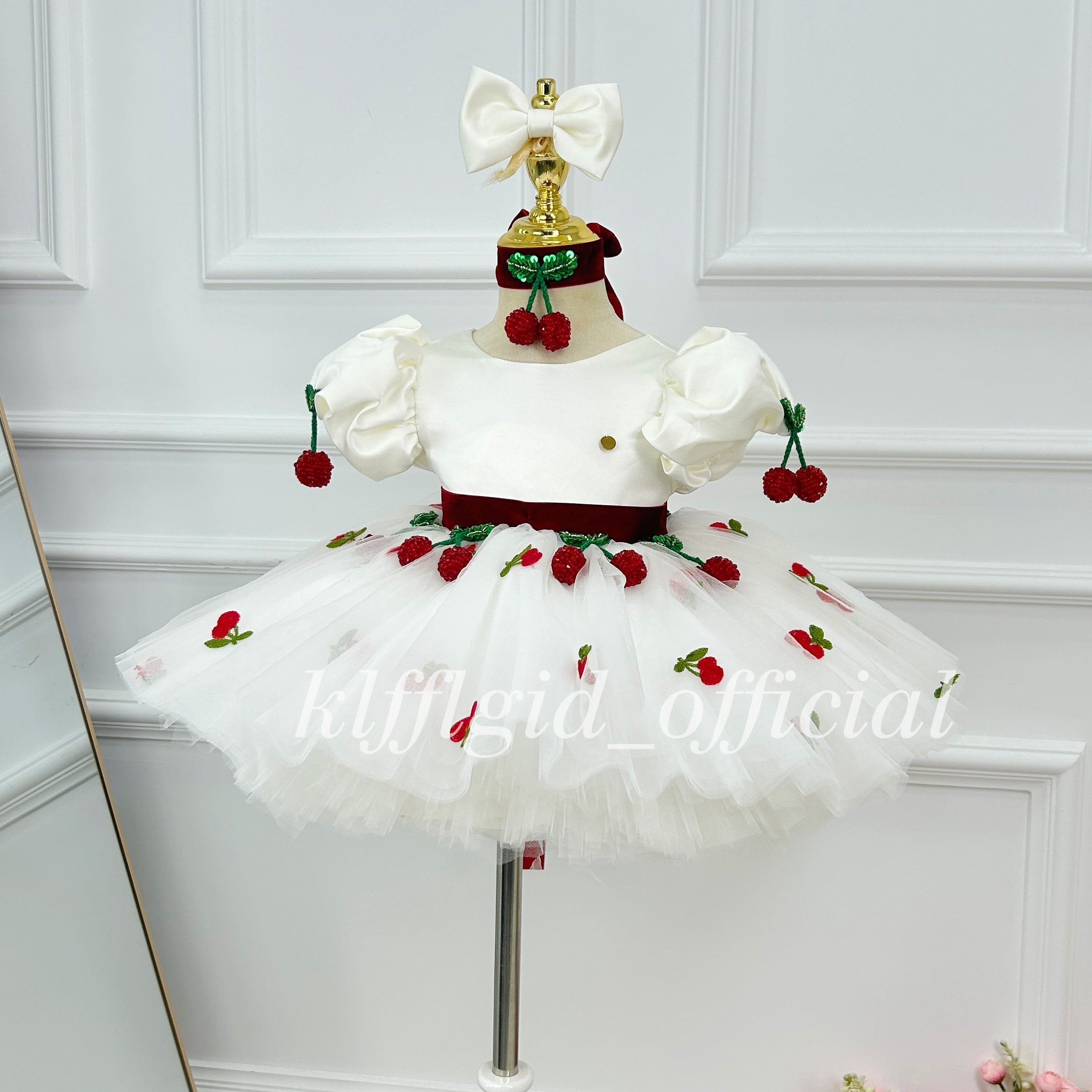 1st Birthday & Party Cute Cherry Dress White Princess Gown | KLFFLGID