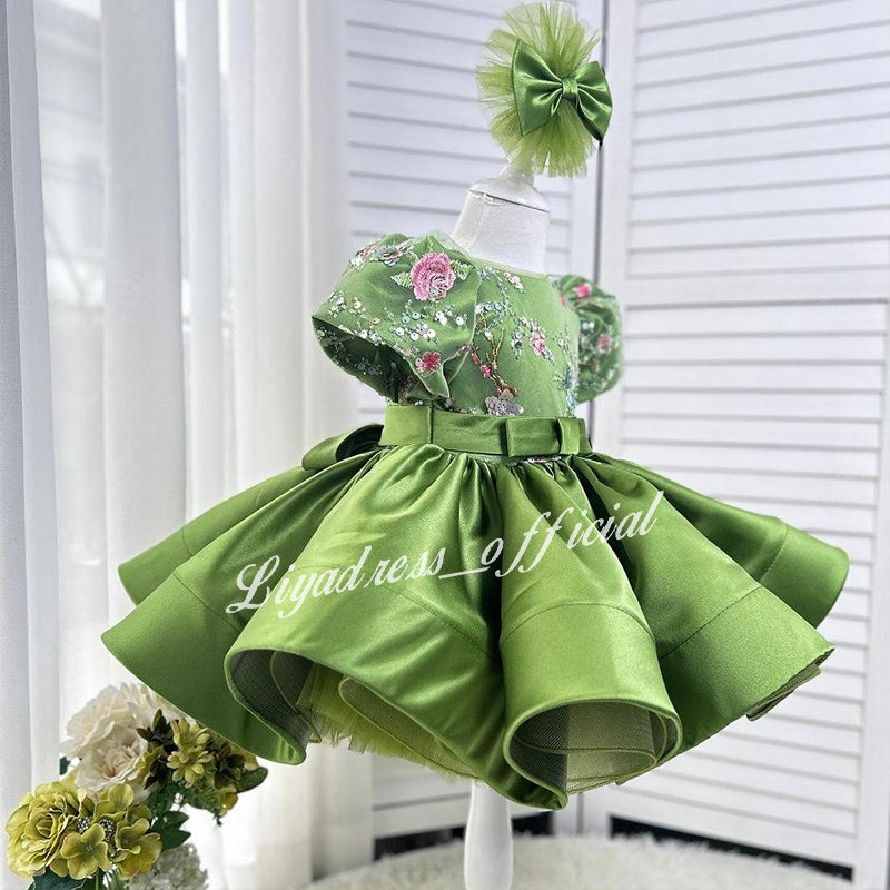Embroidered Floral Puff Sleeve Satin Mesh Tutu Dress for Girls | KLFFIGID
