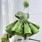 Embroidered Floral Puff Sleeve Satin Mesh Tutu Dress for Girls | KLFFIGID