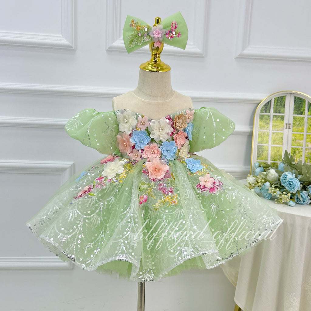 Elegant 3D Floral Flower Girl Princess Dress for Weddings | KLFFIGID
