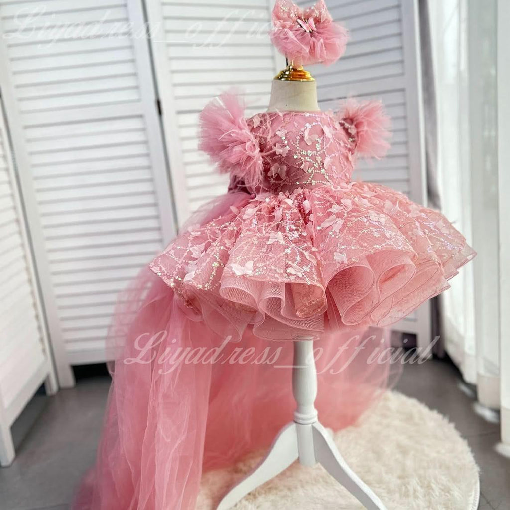 Girls Sleeveless Feather Butterfly Tail Birthday Evening Dress | KLFFIGID
