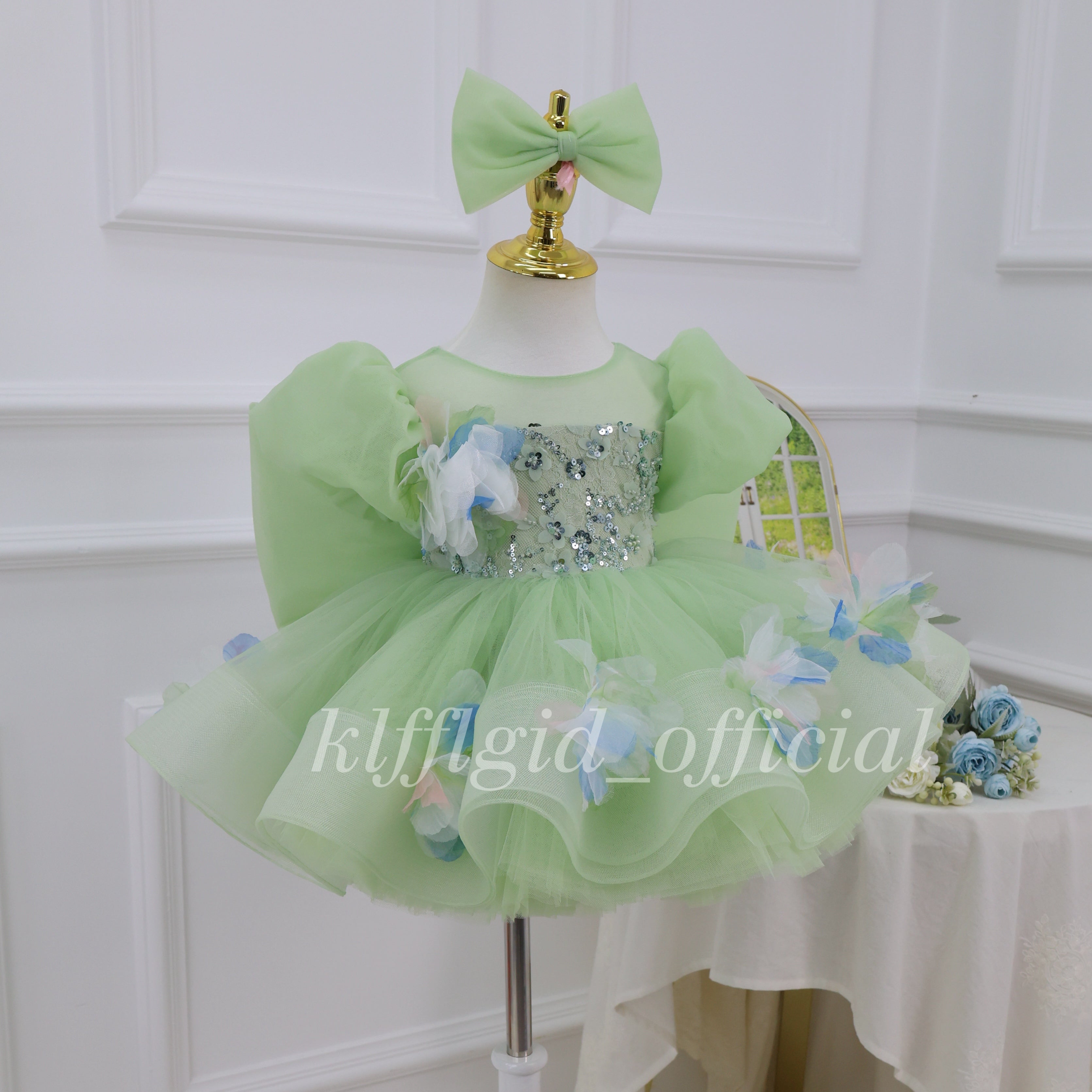 Floral Party Dress for Girls Green baby birthday dress | KLFFLGID