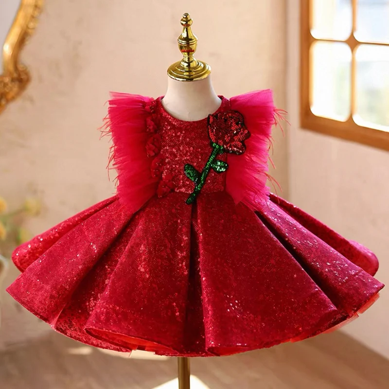 Girls Red Birthday Party Dress with 3D Rose Skirt｜KLFFLGID