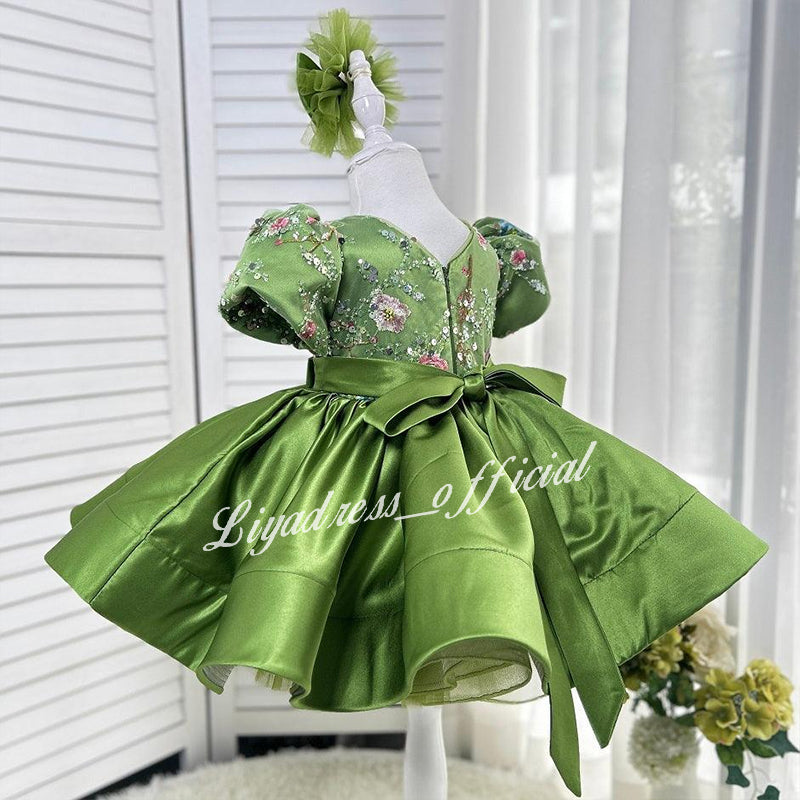 Embroidered Floral Puff Sleeve Satin Mesh Tutu Dress for Girls | KLFFIGID
