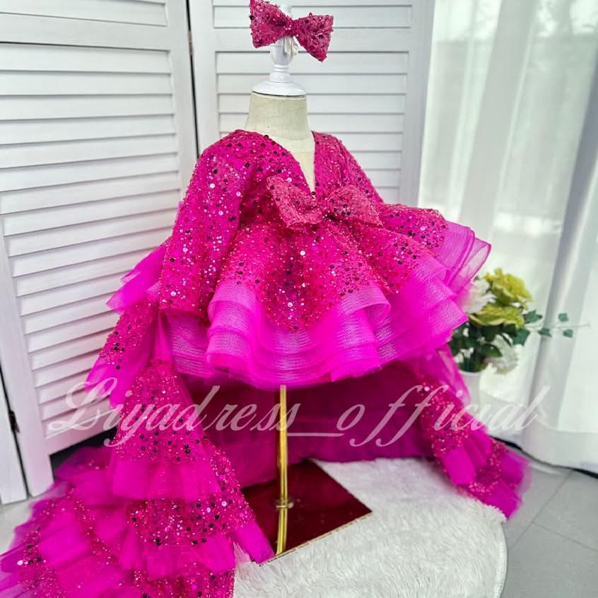 Cute Sequin Mesh Tiered Princess Dress with Train | KLFFIGID