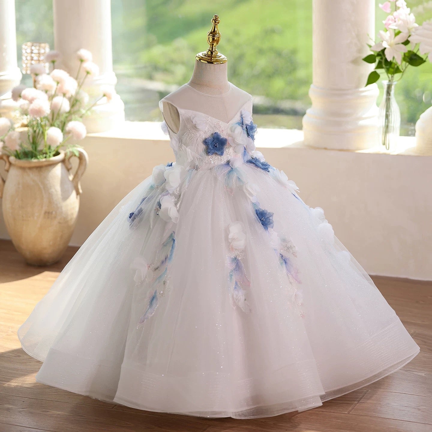 0-12 years old girls long dress, floral mesh wedding dress, birthday party, banquet, special occasion dress, girl princess dress