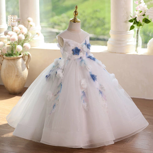 0-12 years old girls long dress, floral mesh wedding dress, birthday party, banquet, special occasion dress, girl princess dress