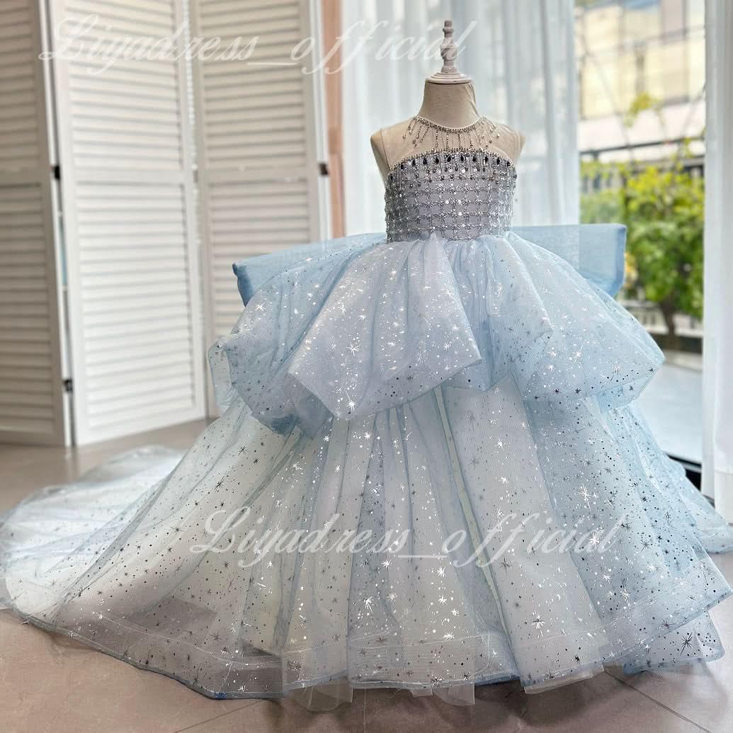 Girls wedding dress, flower girl evening dress tail big bow mesh girl princess dress