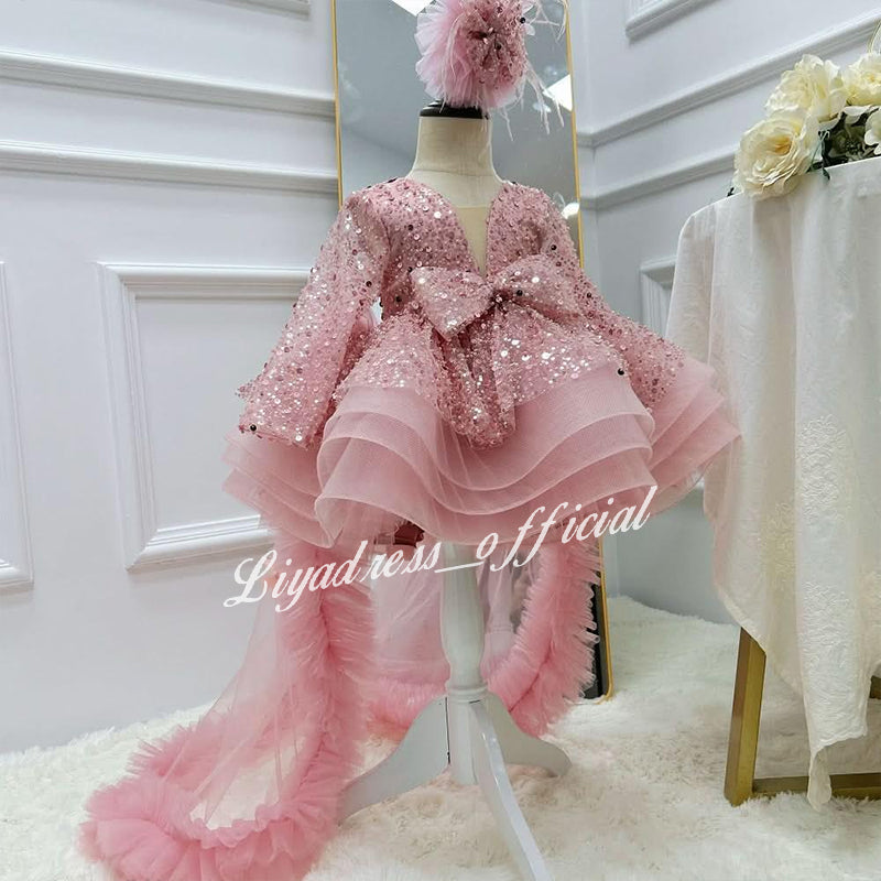 Lace Butterfly Sequined Trailing Birthday Dress with Tiara | KLFFIGID