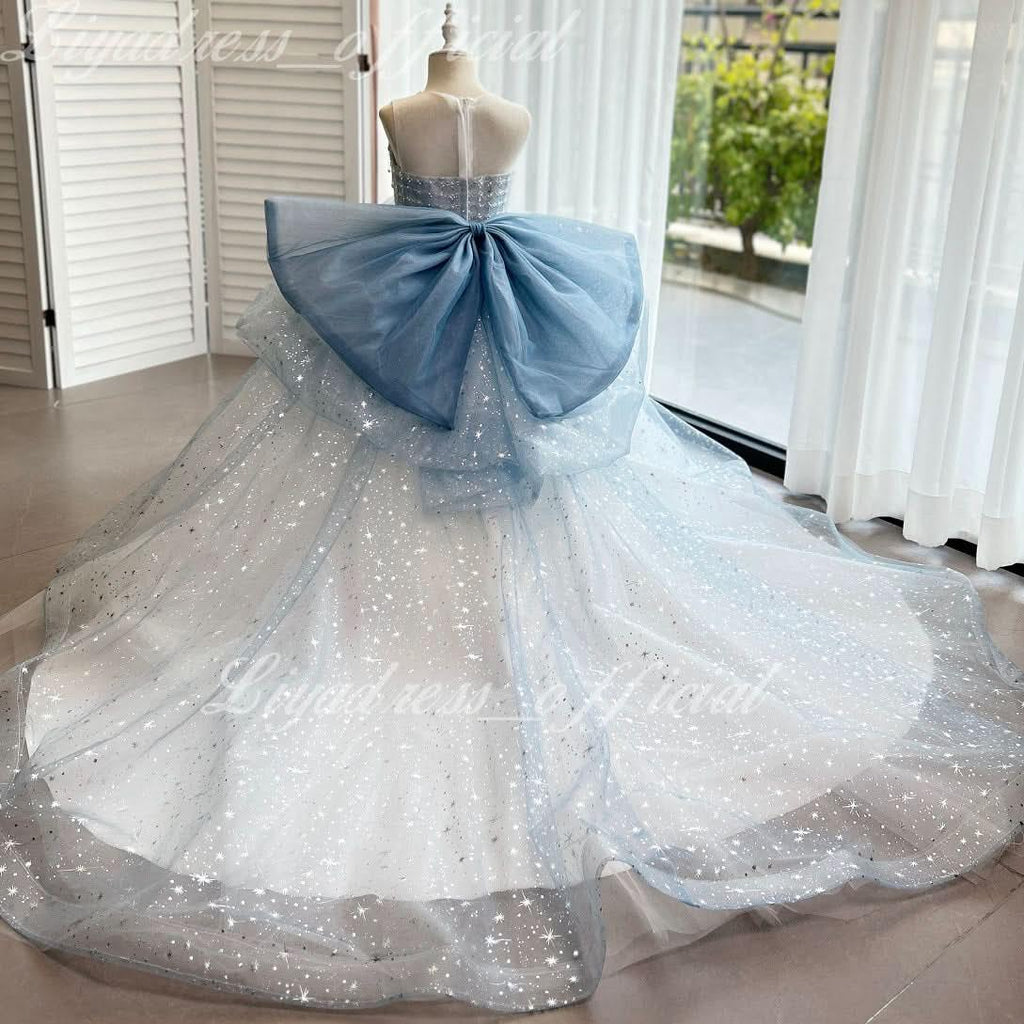 Girls wedding dress, flower girl evening dress tail big bow mesh girl princess dress