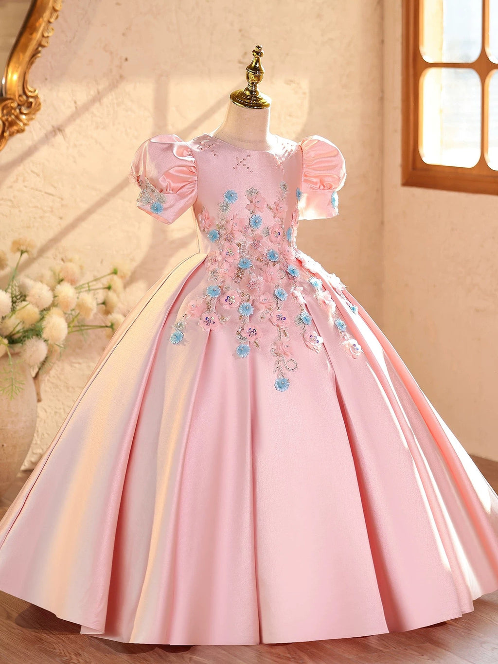 Kids Girls Satin Flower Princess Dress Flower Decor Summer Casual Birthday Wedding Party Dresses Girls