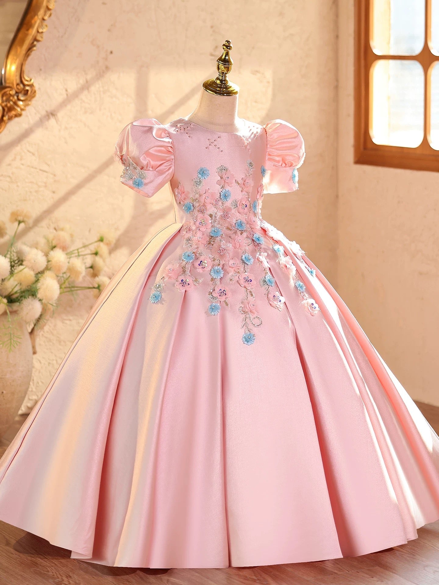 Kids Girls Satin Flower Princess Dress Flower Decor Summer Casual Birthday Wedding Party Dresses Girls