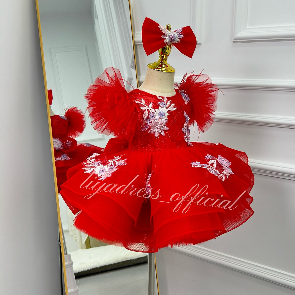 Girls Embroidered Flower Princess Dress Feather Sleeve Party Dress | KLFFIGID