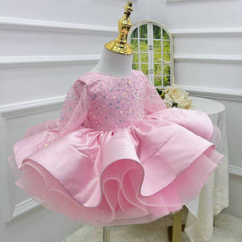 Satin Sequin Big Bow Fluffy Girls Birthday Princess Dress | KLFFIGID