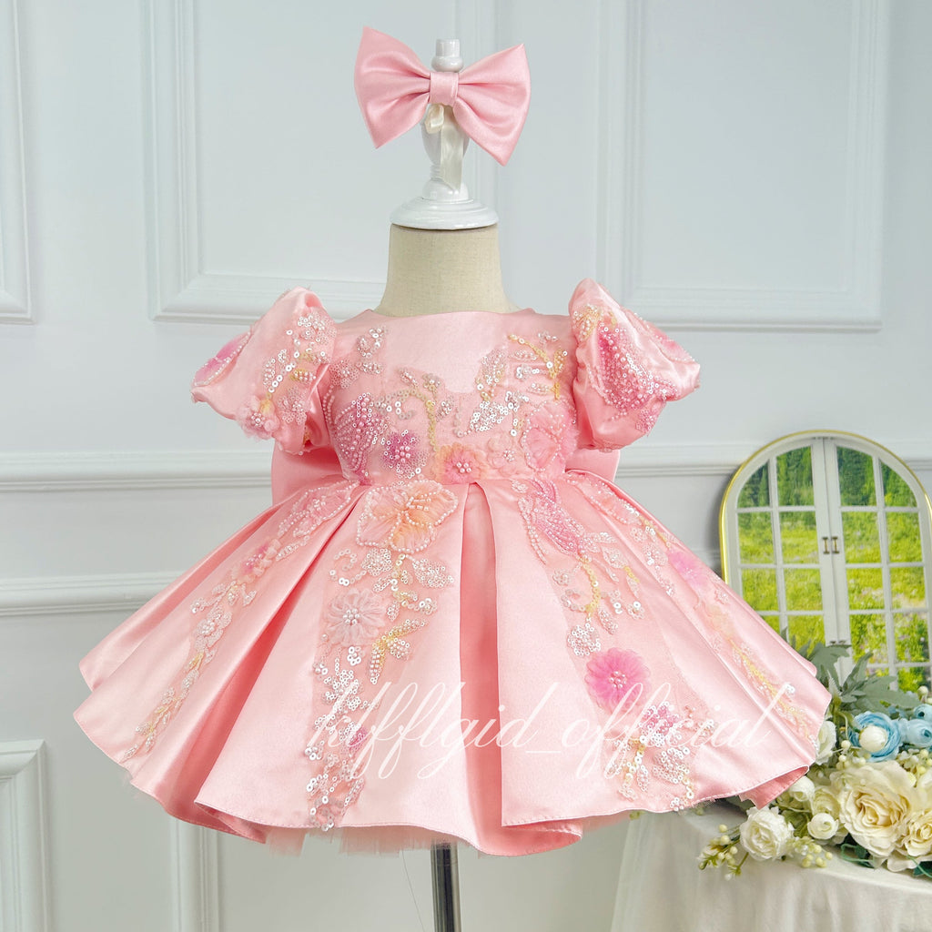 Girls Sequin Tulle Princess Dress 3D Floral Flower Girl Dress Baby's birthday outfit | KLFFIGID