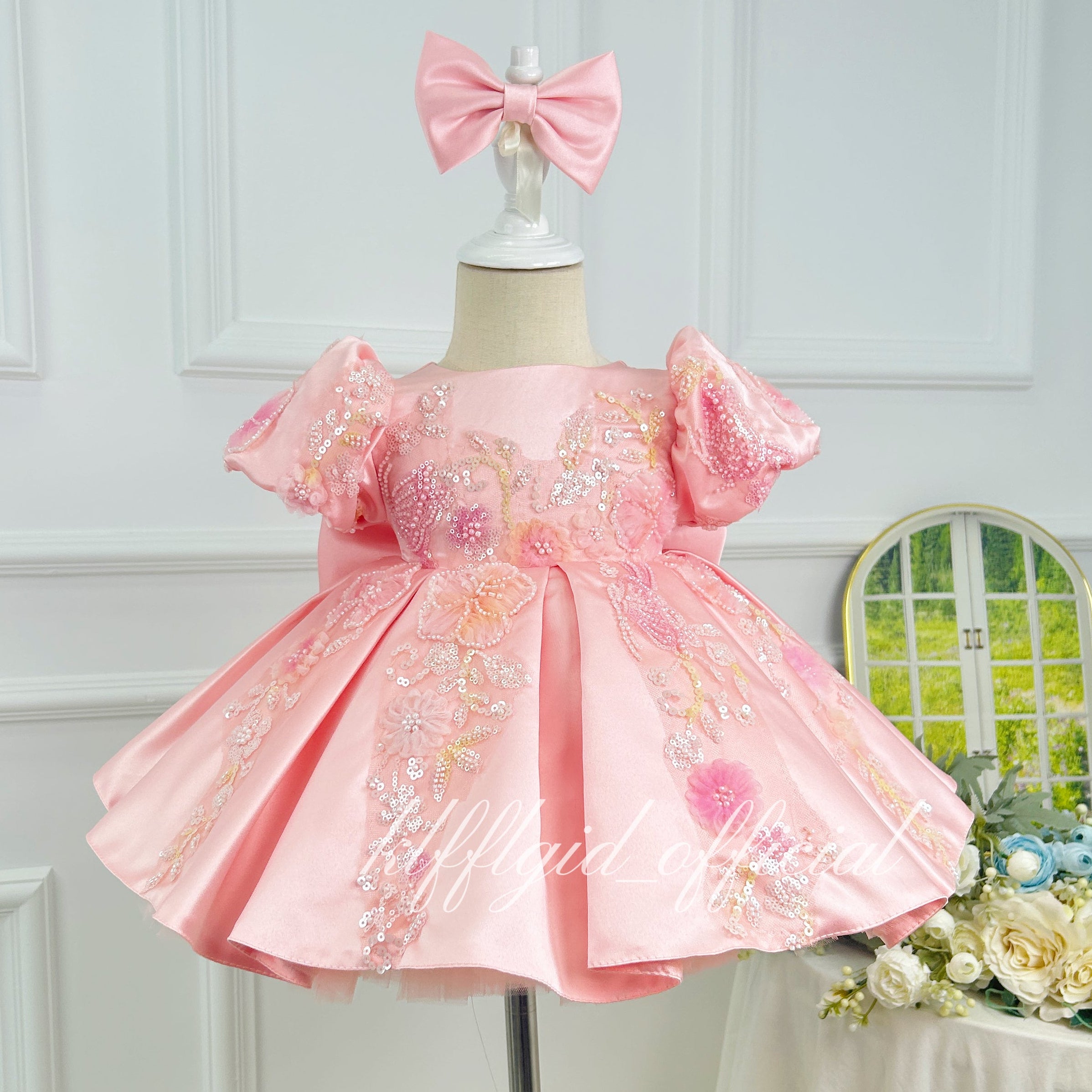Girls Sequin Tulle Princess Dress 3D Floral Flower Girl Dress Baby's birthday outfit | KLFFIGID