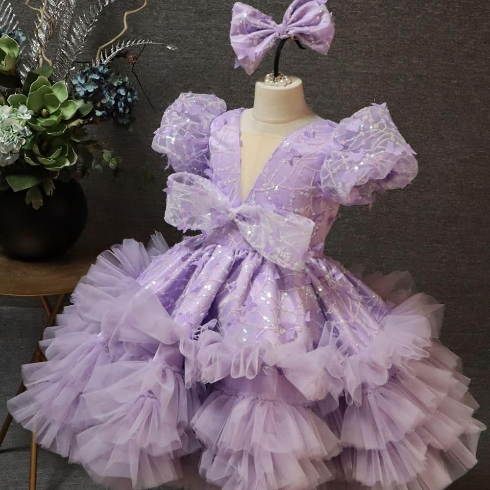 V-Neck Puff Sleeve Butterfly Fluffy Baby 1st Birthday Dress | KLFFIGID