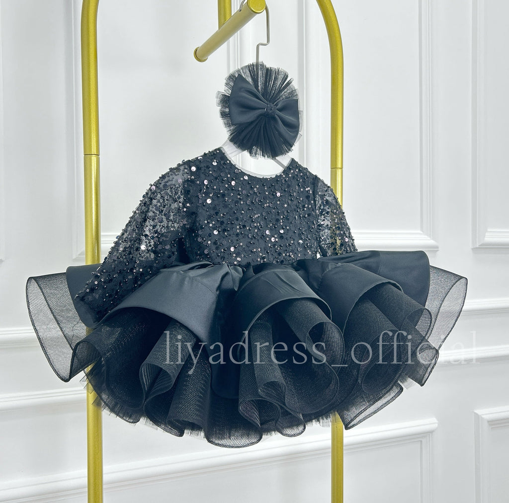 Satin Sequin Big Bow Fluffy Girls Birthday Princess Dress | KLFFIGID