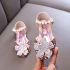Girls’ Pearl Rhinestone Princess Shoes, Elegance Redefined Sparkling Crystal Flower Shoes Comfortable and Beautiful Little Princess Shoes