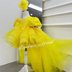 Sequined Puff Sleeve First Birthday Girl Princess Dress with Bow | KLFFIGID