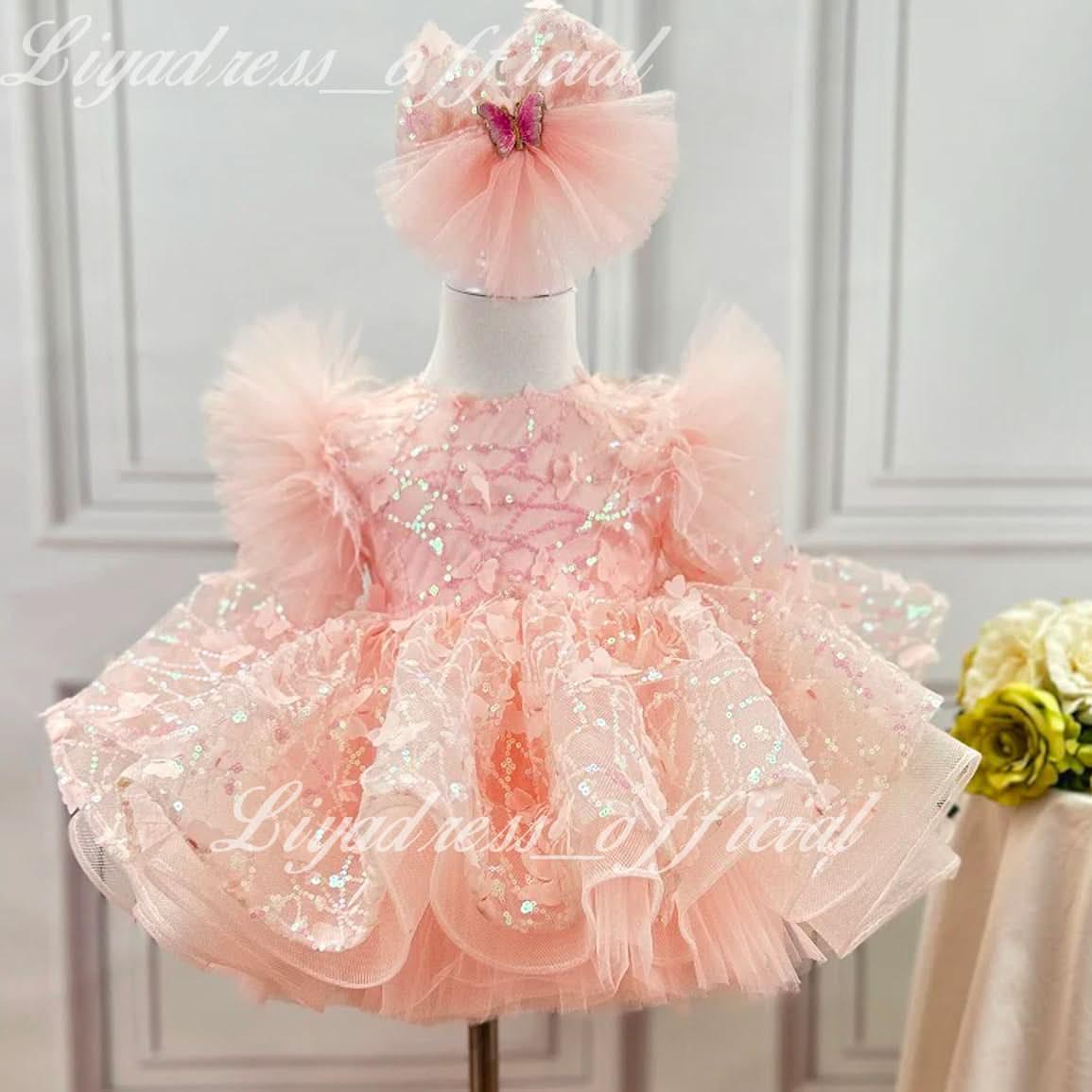 Girls Long Sleeve Butterfly Glitter Christmas Evening Dress | KLIFFIGID