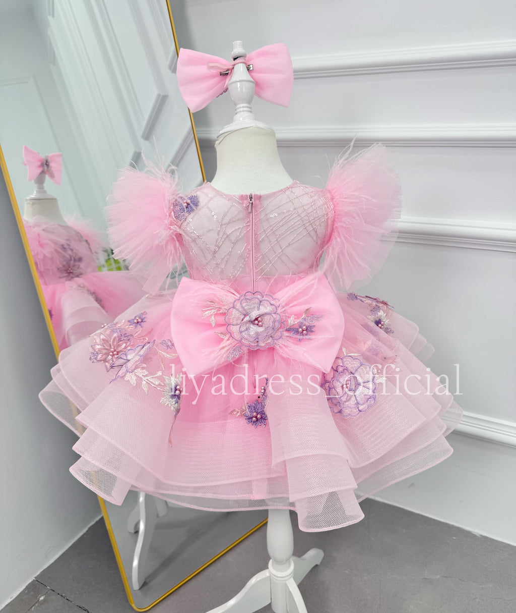Girls Embroidered Flower Princess Dress Feather Sleeve Party Dress | KLFFIGID