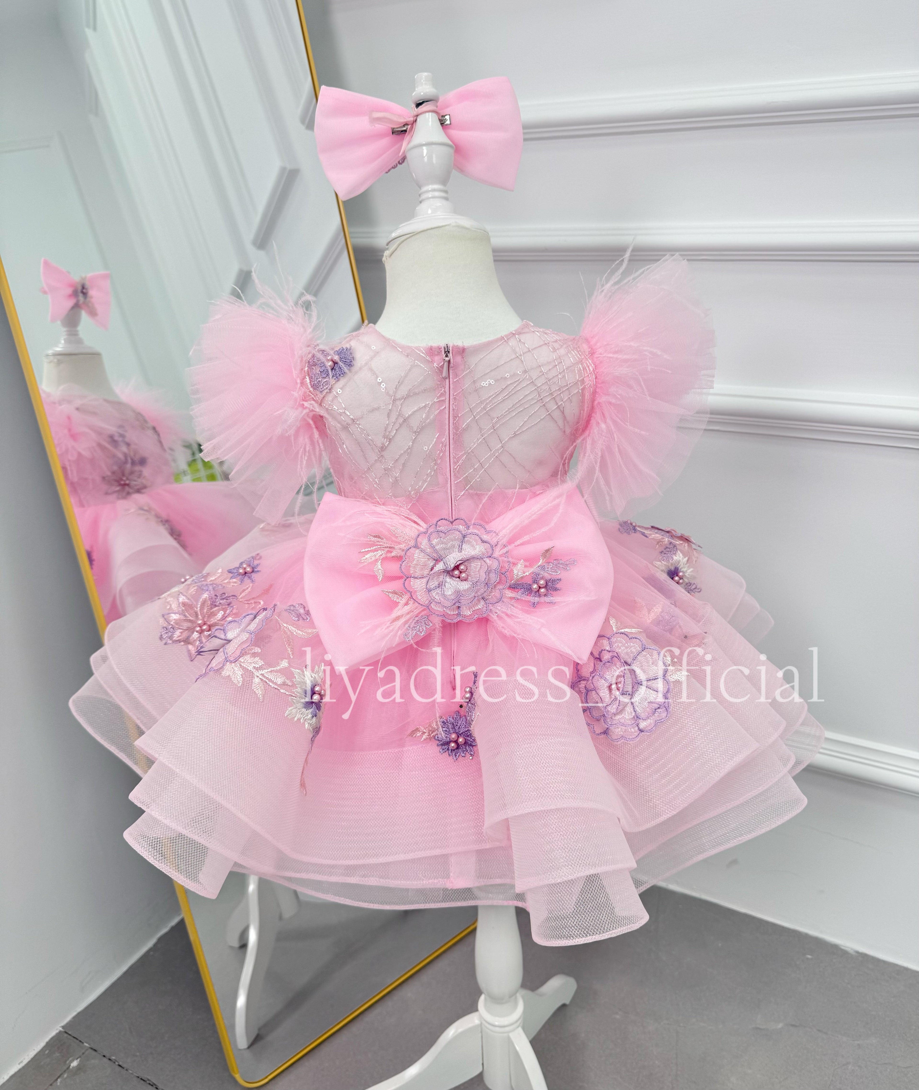 Girls Embroidered Flower Princess Dress Feather Sleeve Party Dress | KLFFIGID