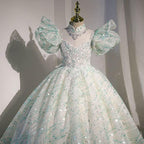 Dreamy Puff Sleeve Fairy Dress Elegant Princess Gown Shimmering Mint Green Fairy Tale Dress