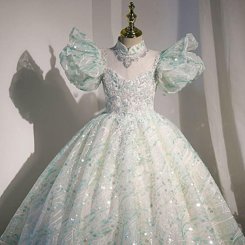 Dreamy Puff Sleeve Fairy Dress Elegant Princess Gown Shimmering Mint Green Fairy Tale Dress