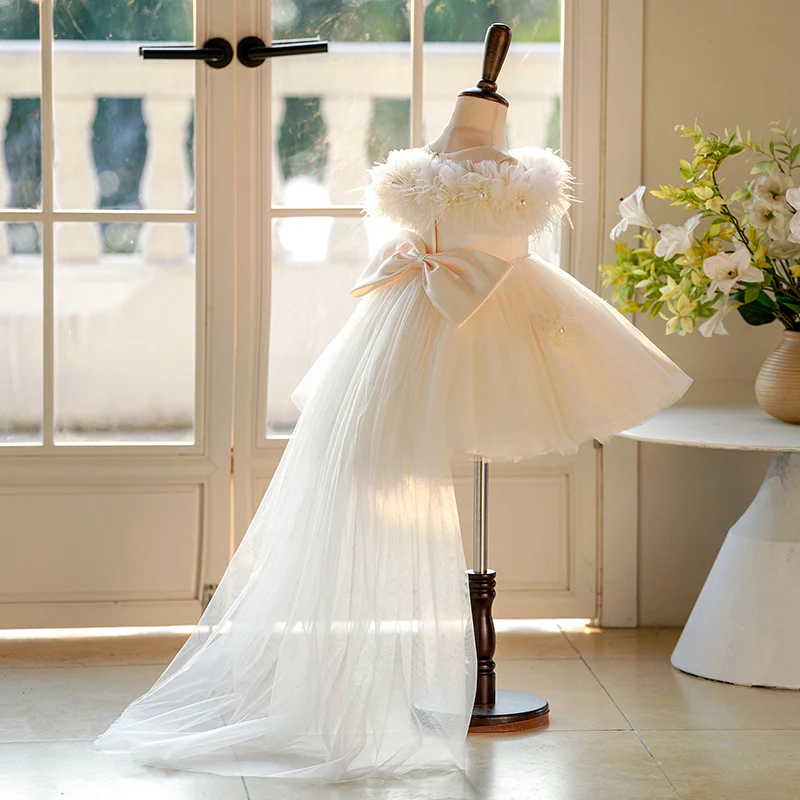 KLFFLGID Romantic Off-Shoulder Train Dress Ivory | Wedding Ceremony (0-12Y)