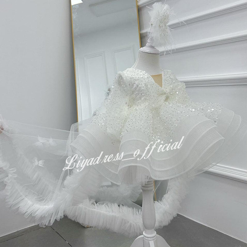 Lace Butterfly Sequined Trailing Birthday Dress with Tiara | KLFFIGID