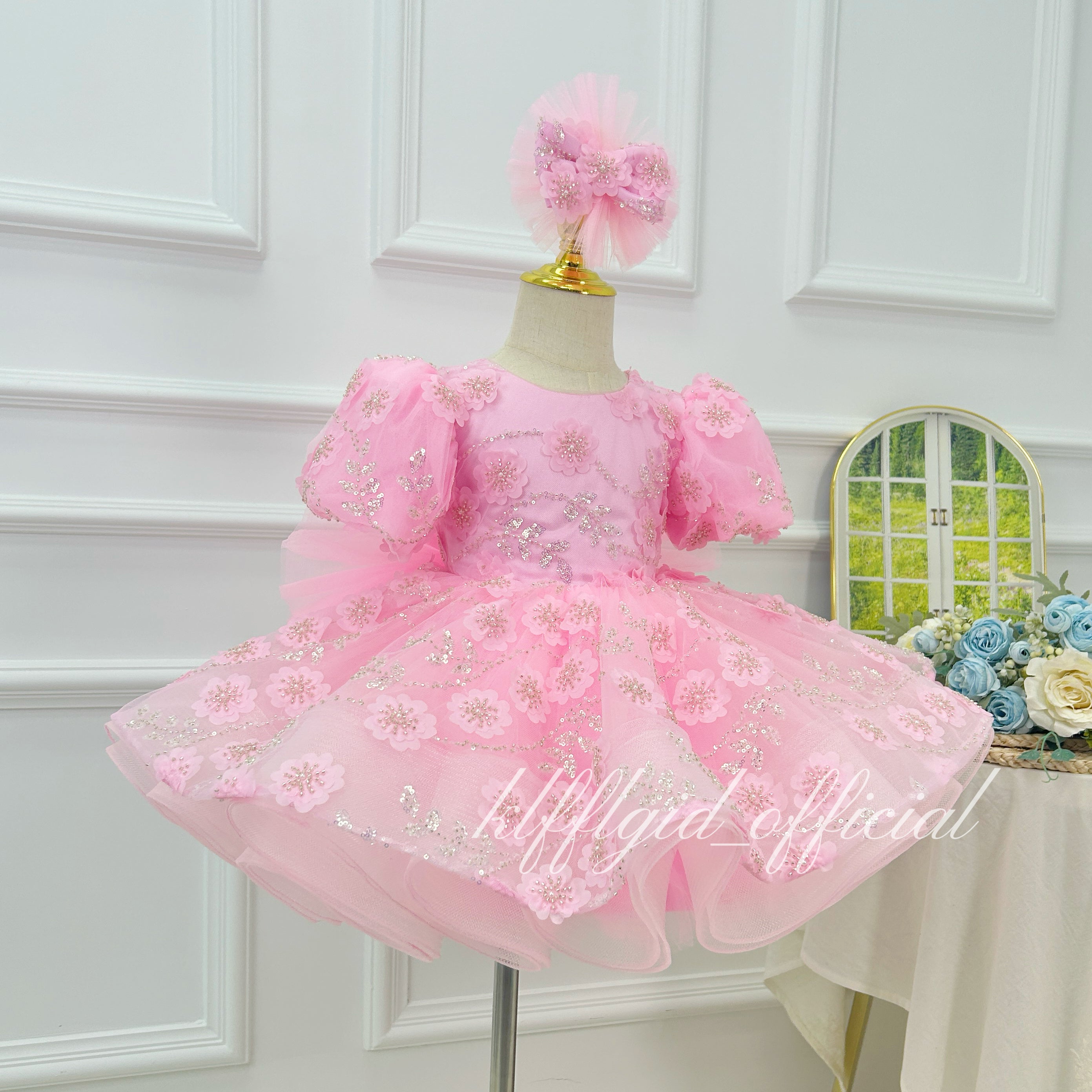 Pink 3D Flower Princess Birthday Pageant Dress for Girls | KLFFIGID