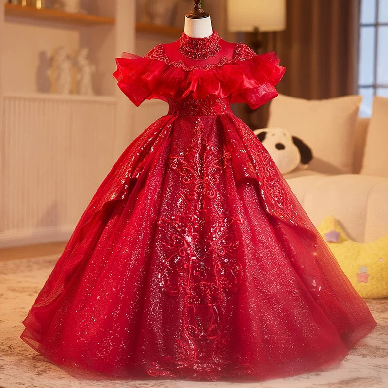 Fashion embroidered sequins children's dress red dress, piano stage performance dance girl evening dress