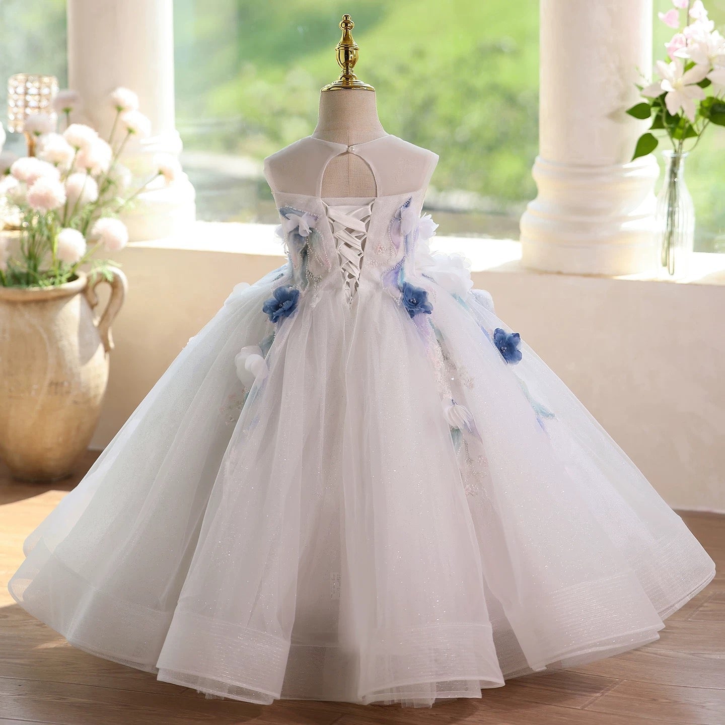 0-12 years old girls long dress, floral mesh wedding dress, birthday party, banquet, special occasion dress, girl princess dress