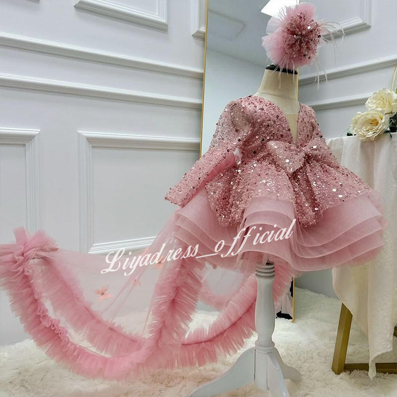 Lace Butterfly Sequined Trailing Birthday Dress with Tiara | KLFFIGID