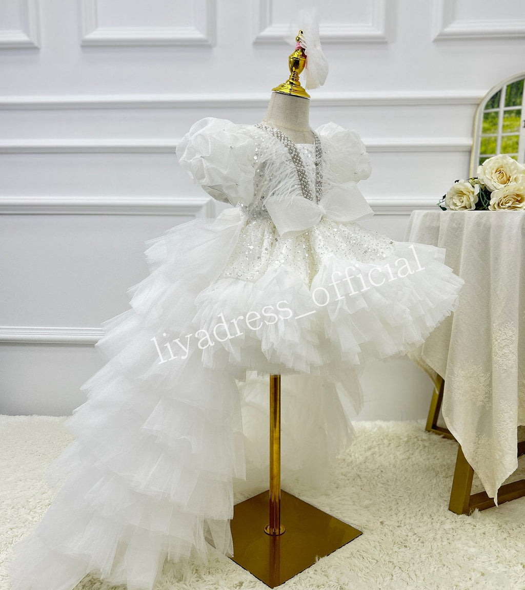 Sequin Flower Girl Dress with Train & Puff Sleeves | KLFFIGID
