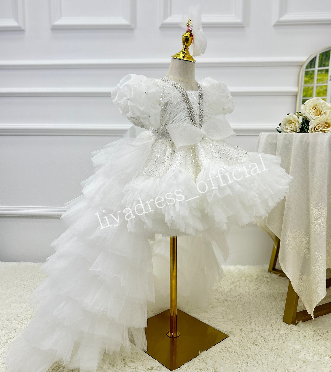 Sequin Flower Girl Dress with Train & Puff Sleeves | KLFFIGID