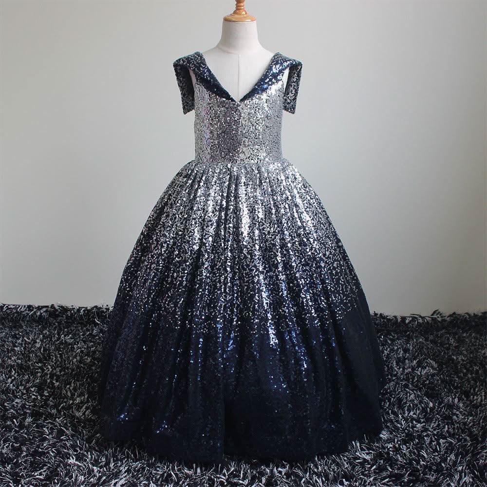 Girls sequin gradient line neck party princess dress for girls