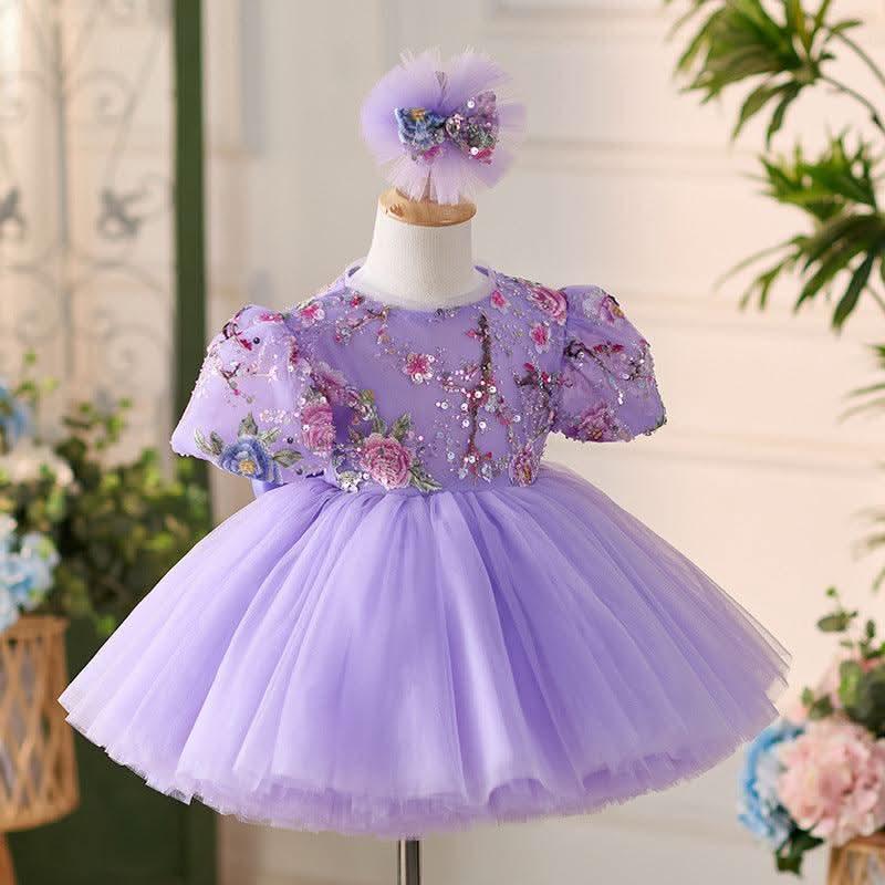 2Pcs Lilac Embroidered Puff Sleeve Baby Party Dress Set | KLFFIGID