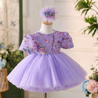 2Pcs Lilac Embroidered Puff Sleeve Baby Party Dress Set | KLFFIGID