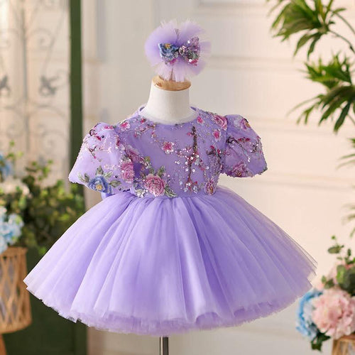 2Pcs Lilac Embroidered Puff Sleeve Baby Party Dress Set | KLFFIGID