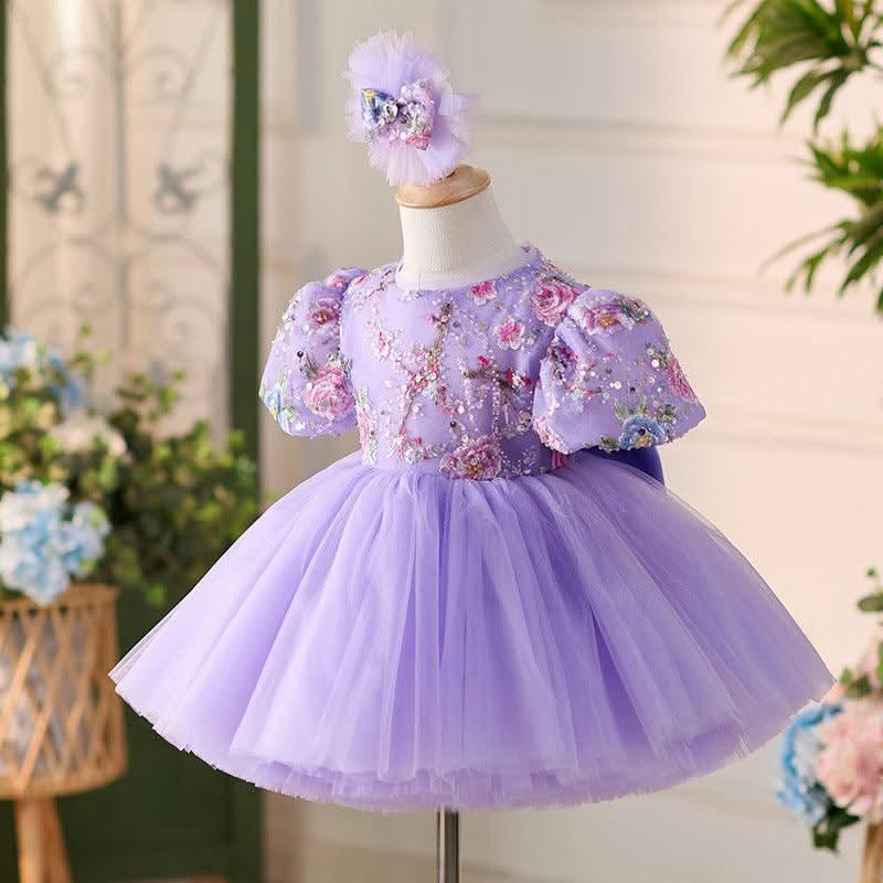 2Pcs Lilac Embroidered Puff Sleeve Baby Party Dress Set | KLFFIGID