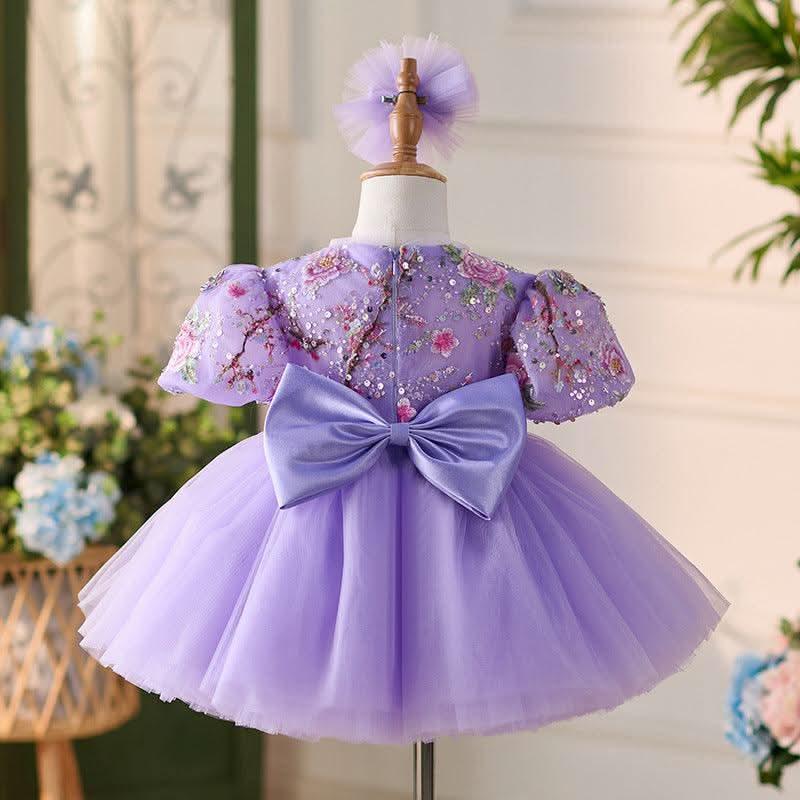 2Pcs Lilac Embroidered Puff Sleeve Baby Party Dress Set | KLFFIGID