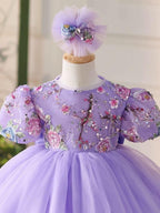 2Pcs Lilac Embroidered Puff Sleeve Baby Party Dress Set | KLFFIGID