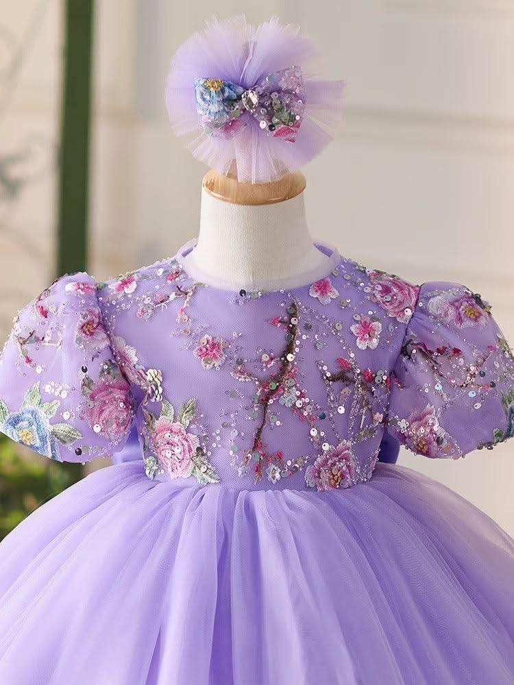 2Pcs Lilac Embroidered Puff Sleeve Baby Party Dress Set | KLFFIGID
