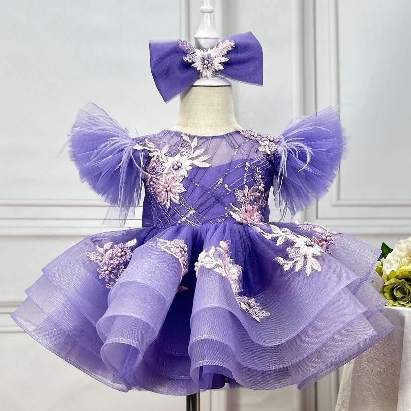 Girls Embroidered Flower Princess Dress Feather Sleeve Party Dress | KLFFIGID