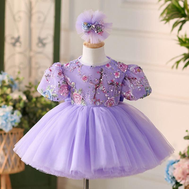 2Pcs Lilac Embroidered Puff Sleeve Baby Party Dress Set | KLFFIGID